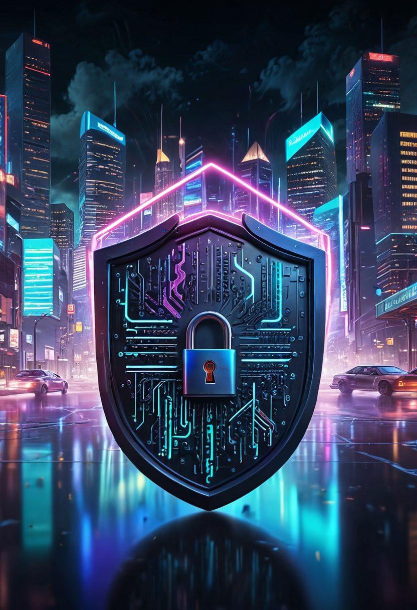 A digital lock surrounded by a shield made of binary code, with various colorful passwords floating around in a secure cloud. The background should include a futuristic cityscape with glowing neon elements, symbolizing online safety. The composition should evoke a sense of security and mastery in protecting digital assets. super-realistic. vibrant colors. cyberpunk.