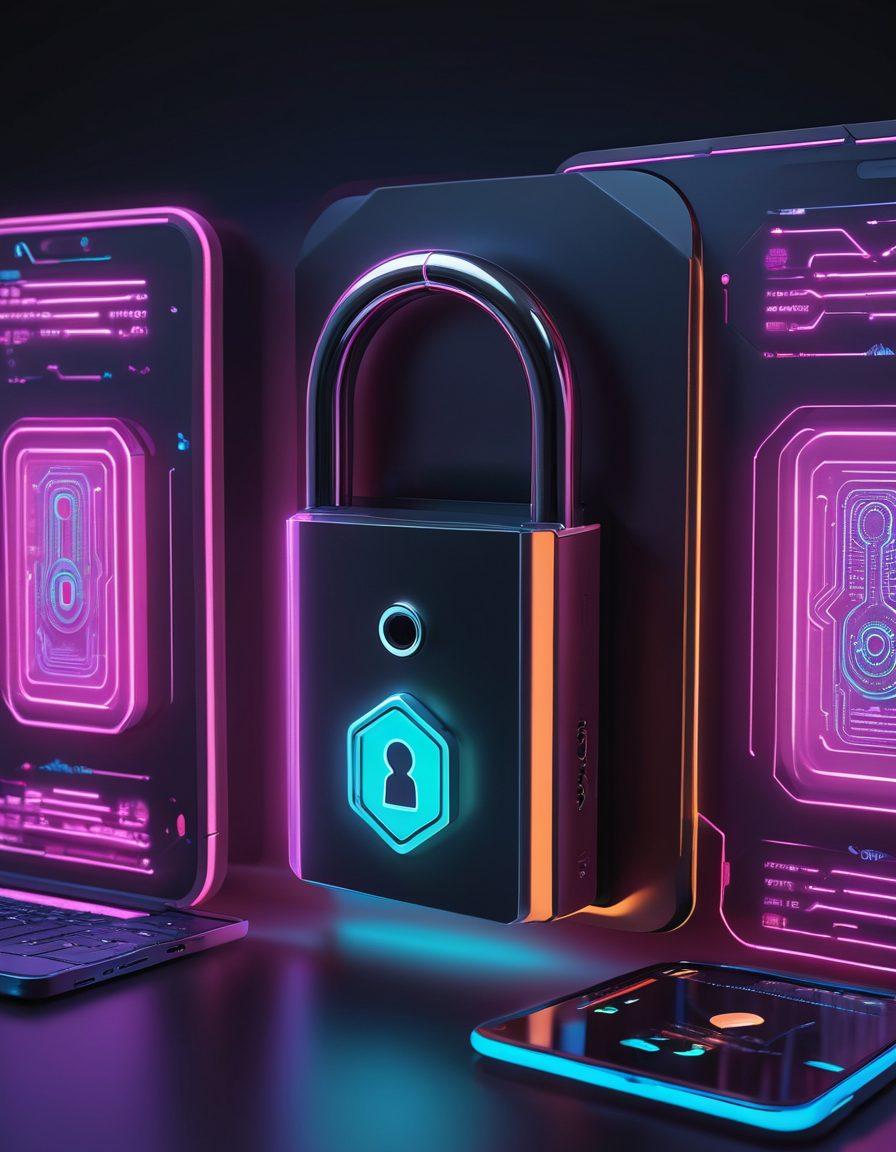 An illustration of a digital lock surrounded by various devices like smartphones and laptops, highlighting secure logins with glowing icons representing user verification methods such as fingerprints and passwords. A backdrop of a digital world with intricate circuit patterns and safety shields, conveying the importance of online safety. The overall color palette should be vibrant and tech-inspired. cyberpunk. vibrant colors. 3D.